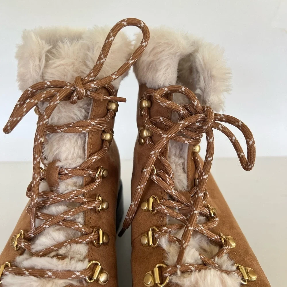 J. Crew Factory Faux-Fur Lace Up Winter Hiking Boots in Chestnut Brown, size 9